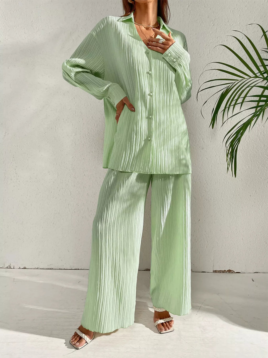 Long Sleeve Shirt Wide Leg Pants Set (12)
