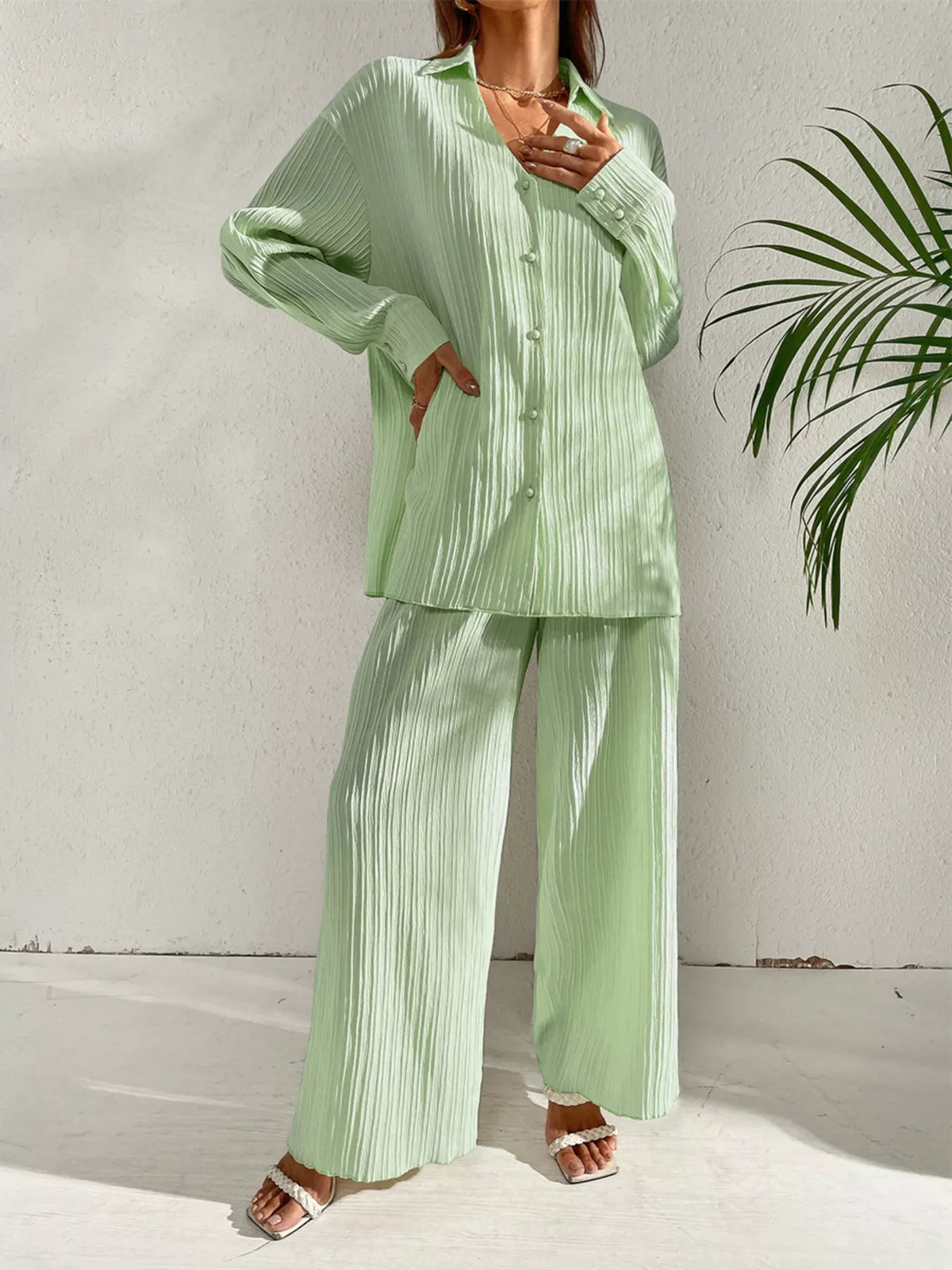 Long Sleeve Shirt Wide Leg Pants Set (12)