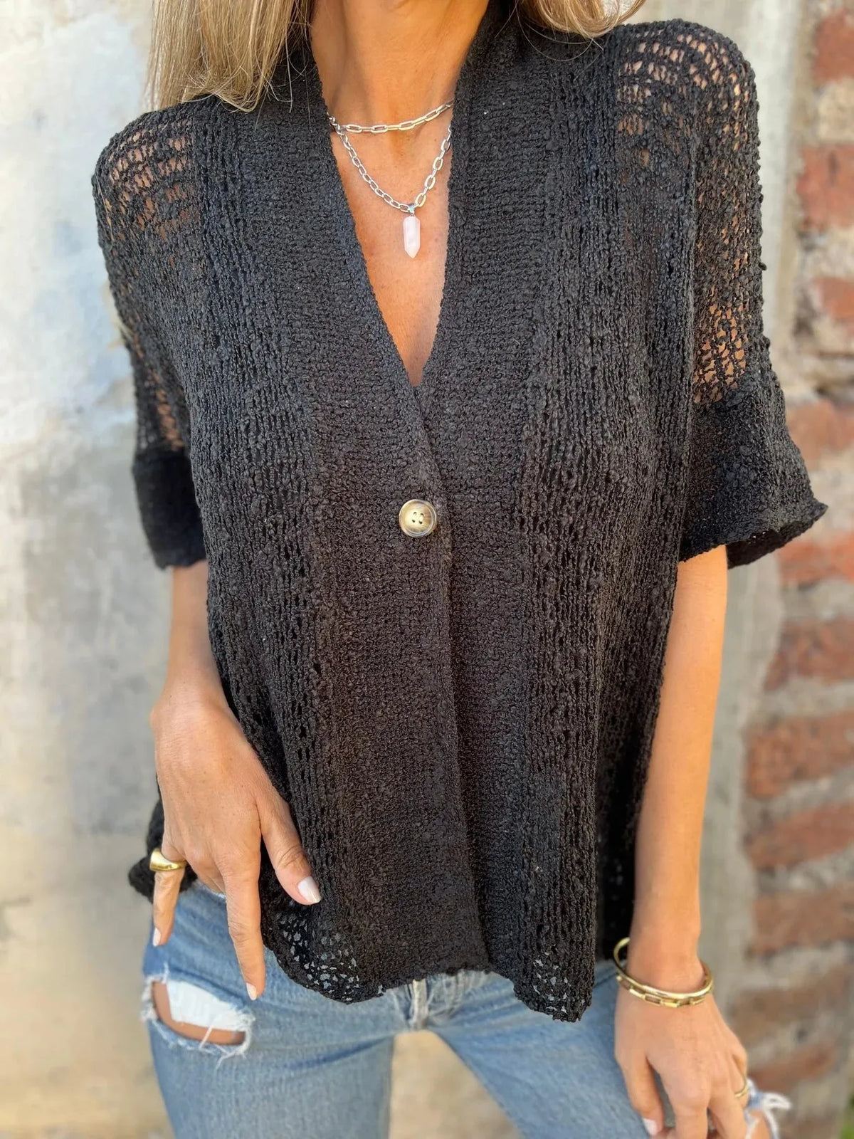 Full Size One Button Openwork Cardigan Plus (5)