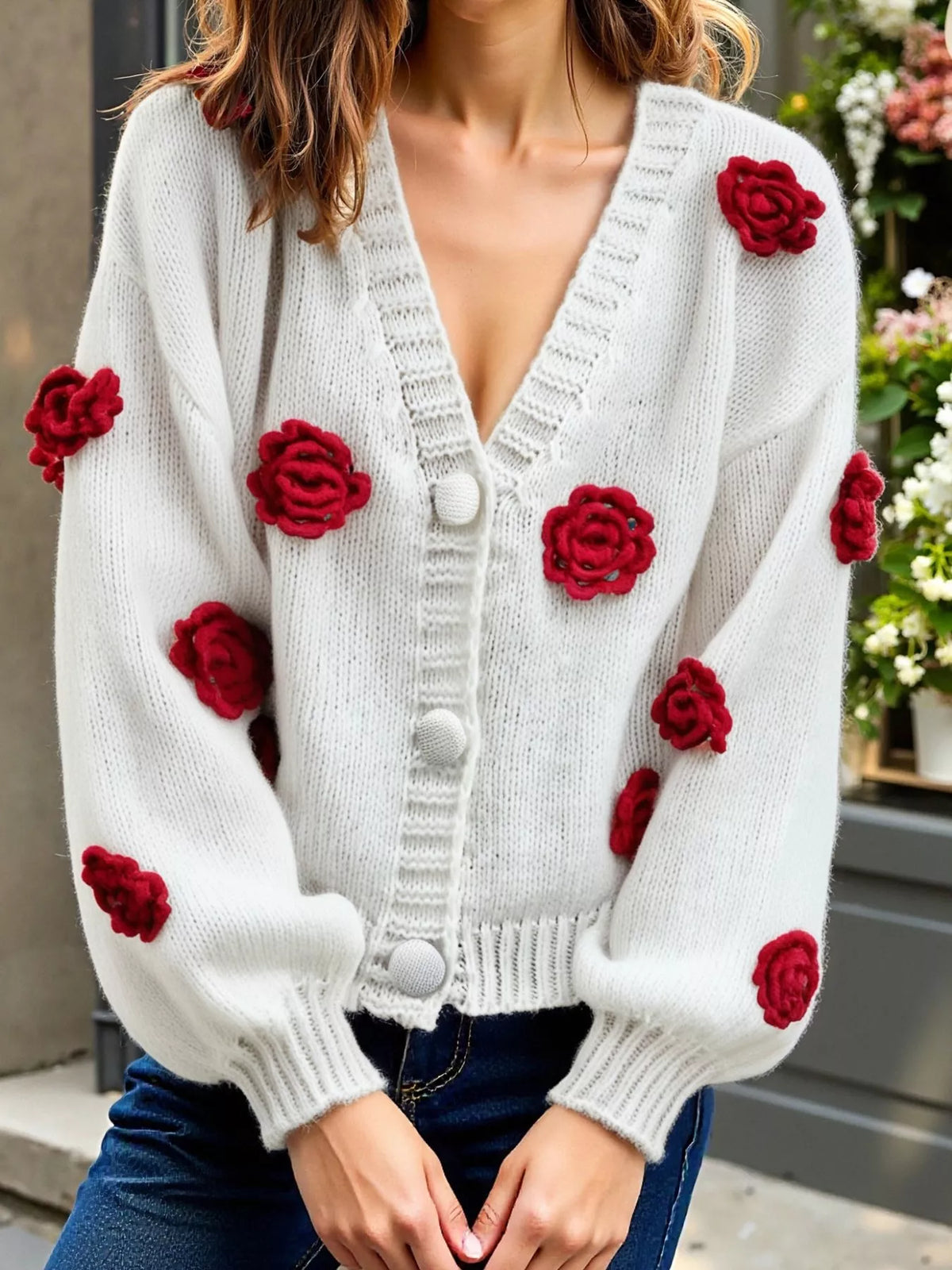 Rose Embellished V-neck Cardigan (3)