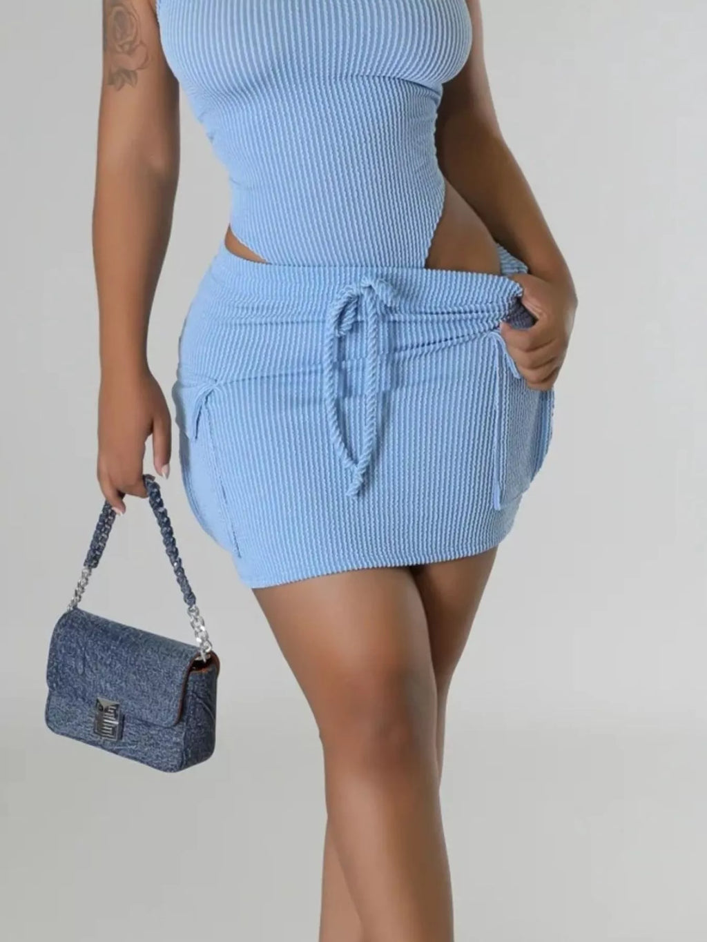 Ribbed Knit Bodysuit Drawstring Skirt Set (3)