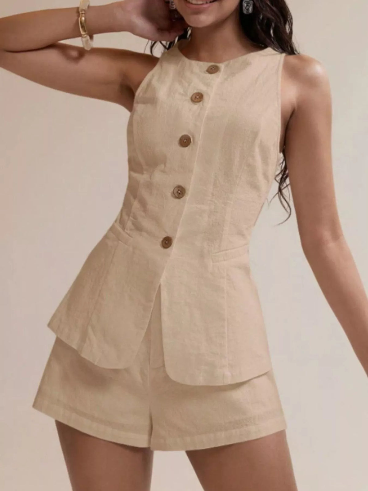 Button-down Sleeveless Top Shorts Set (6)