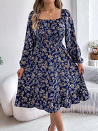 Floral Print Long Sleeve Square Neck Midi Dress