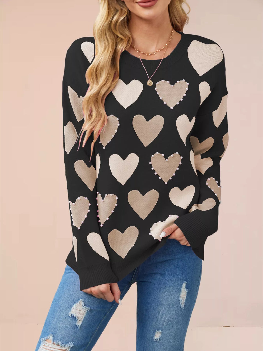 Heart Pattern Beaded Round Neck Sweater (11)