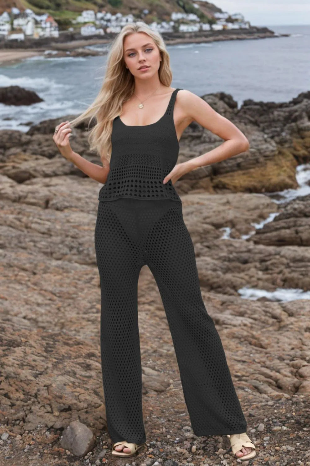 Hollow Out Round Neck Top Pants Sweater Cover Up Set (15)