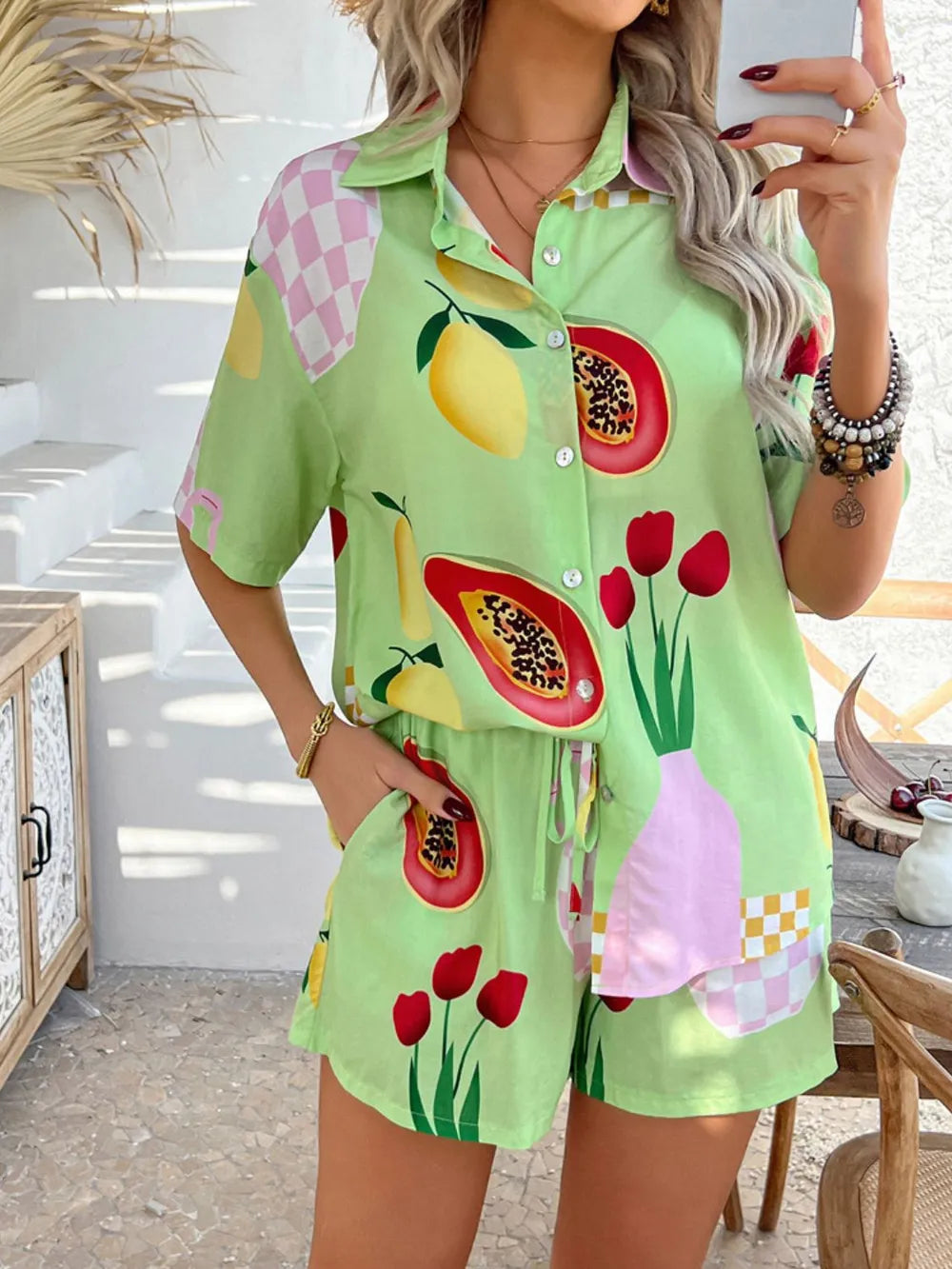 Printed Button Down Shirt Shorts Set (25)
