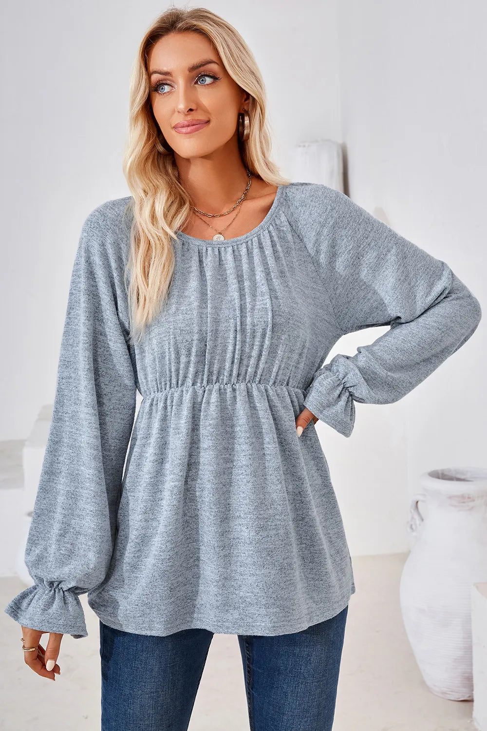 Ruched Round Neck Flounce Sleeve Blouse (18)