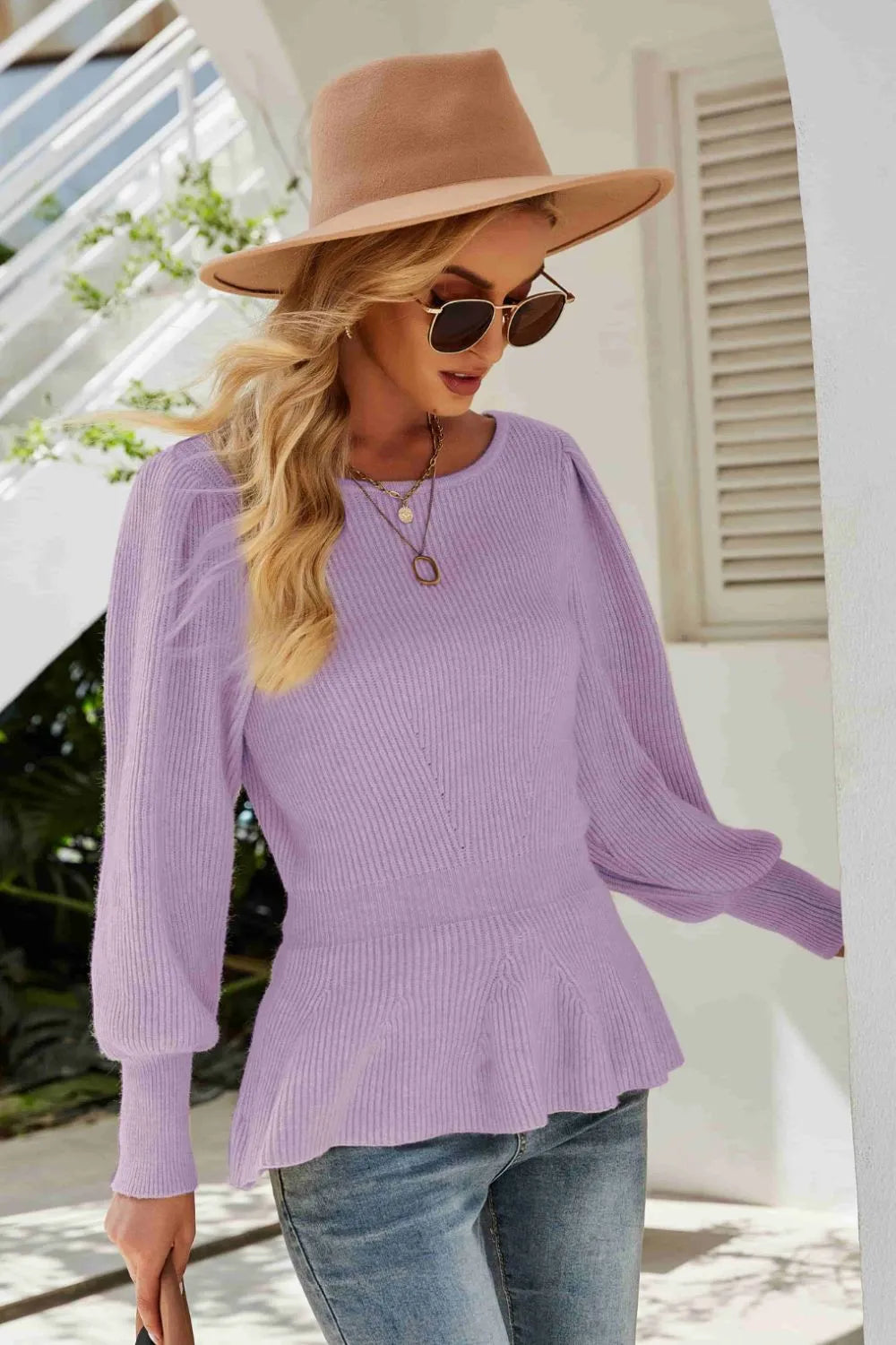 Ribbed Round Neck Lantern Sleeve Sweater (9)