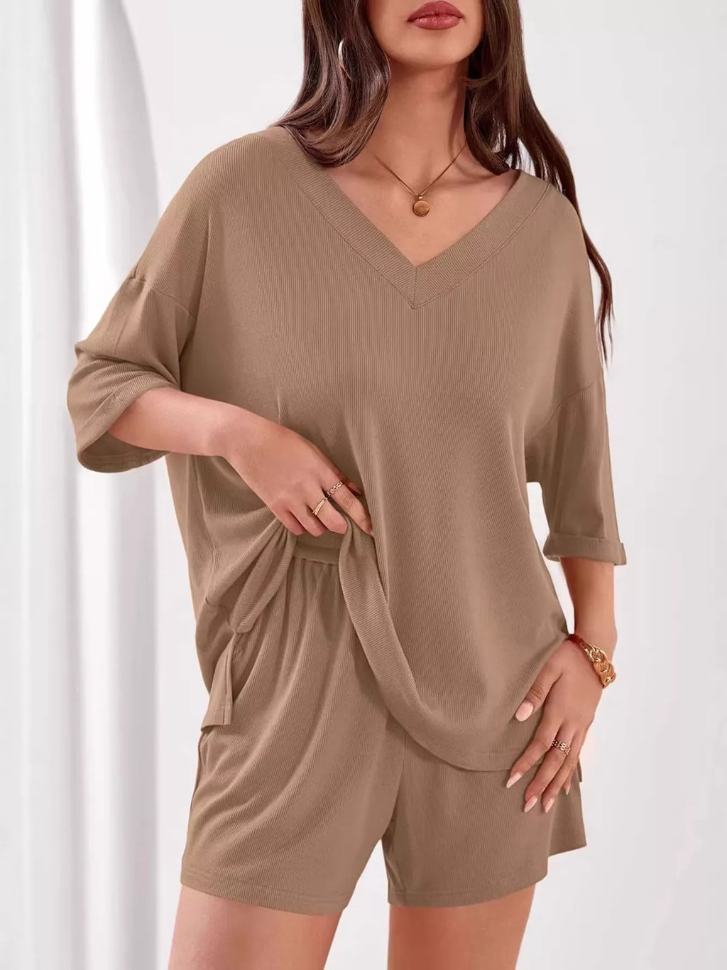 Casual Solid Color V-neck Top Shorts Set (5)