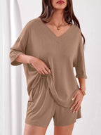 Casual Solid Color V-neck Top Shorts Set (5)