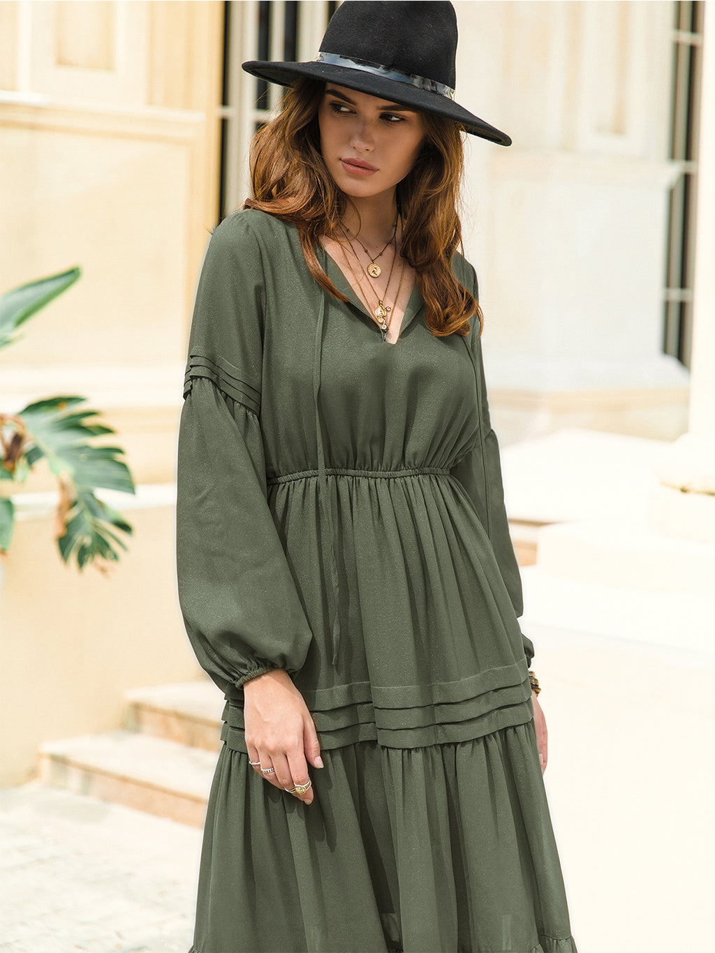 Tie Neck Long Sleeve Midi Tiered Dress (24)