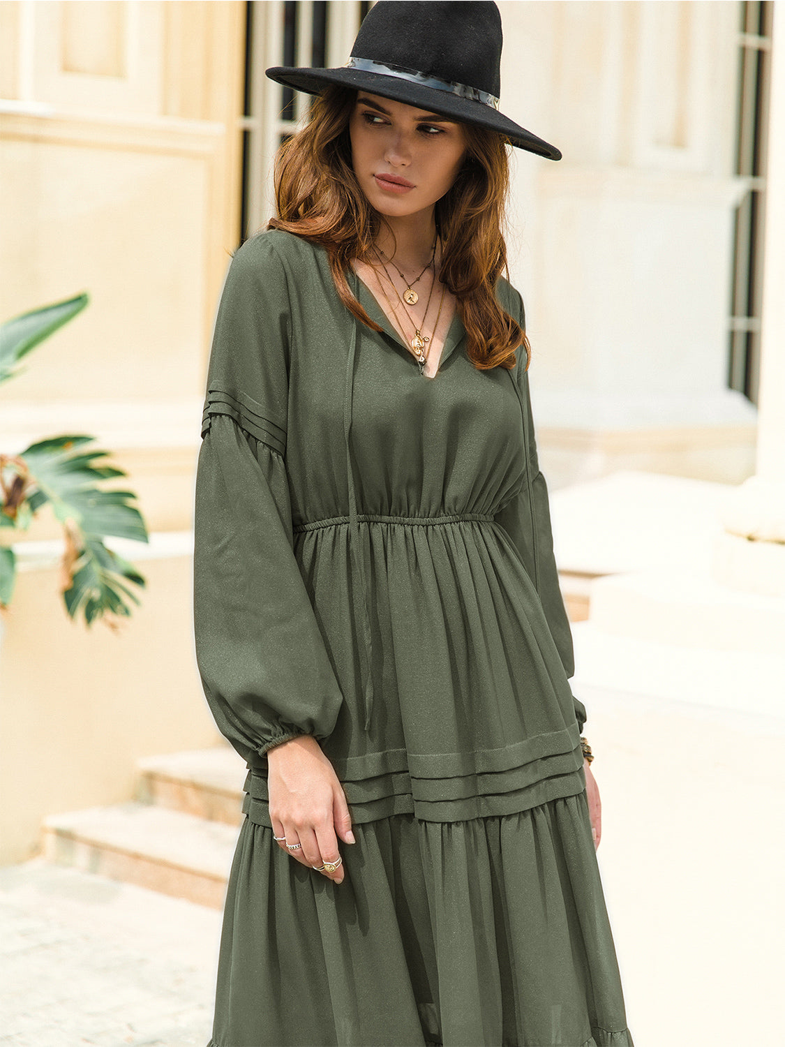 Tie Neck Long Sleeve Midi Tiered Dress (24)