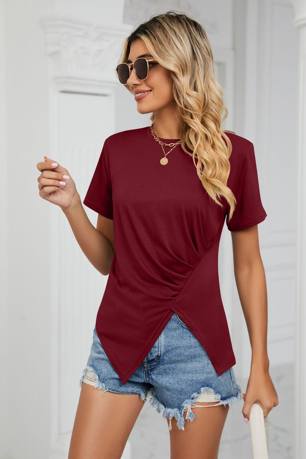 Ruched Hem Detail Crewneck T-shirt (5)