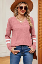 Striped V-neck Long Sleeve T-shirt