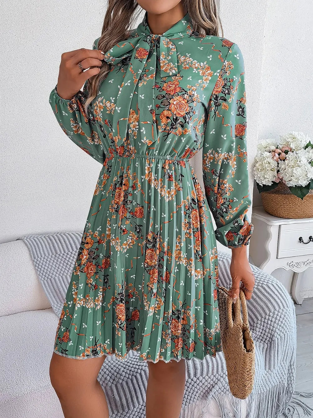 Pleated Printed Tie Neck Long Sleeve Dress (8)