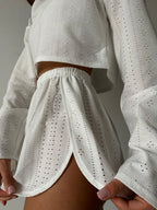 Eyelet Round Neck Top Shorts Set (15)
