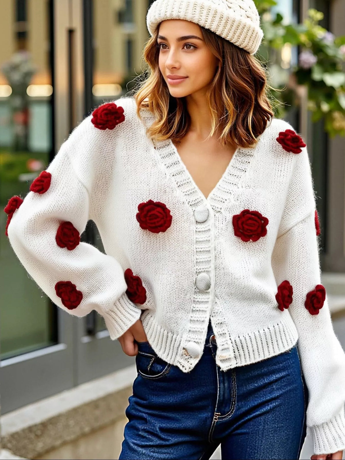 Rose Embellished V-neck Cardigan (4)