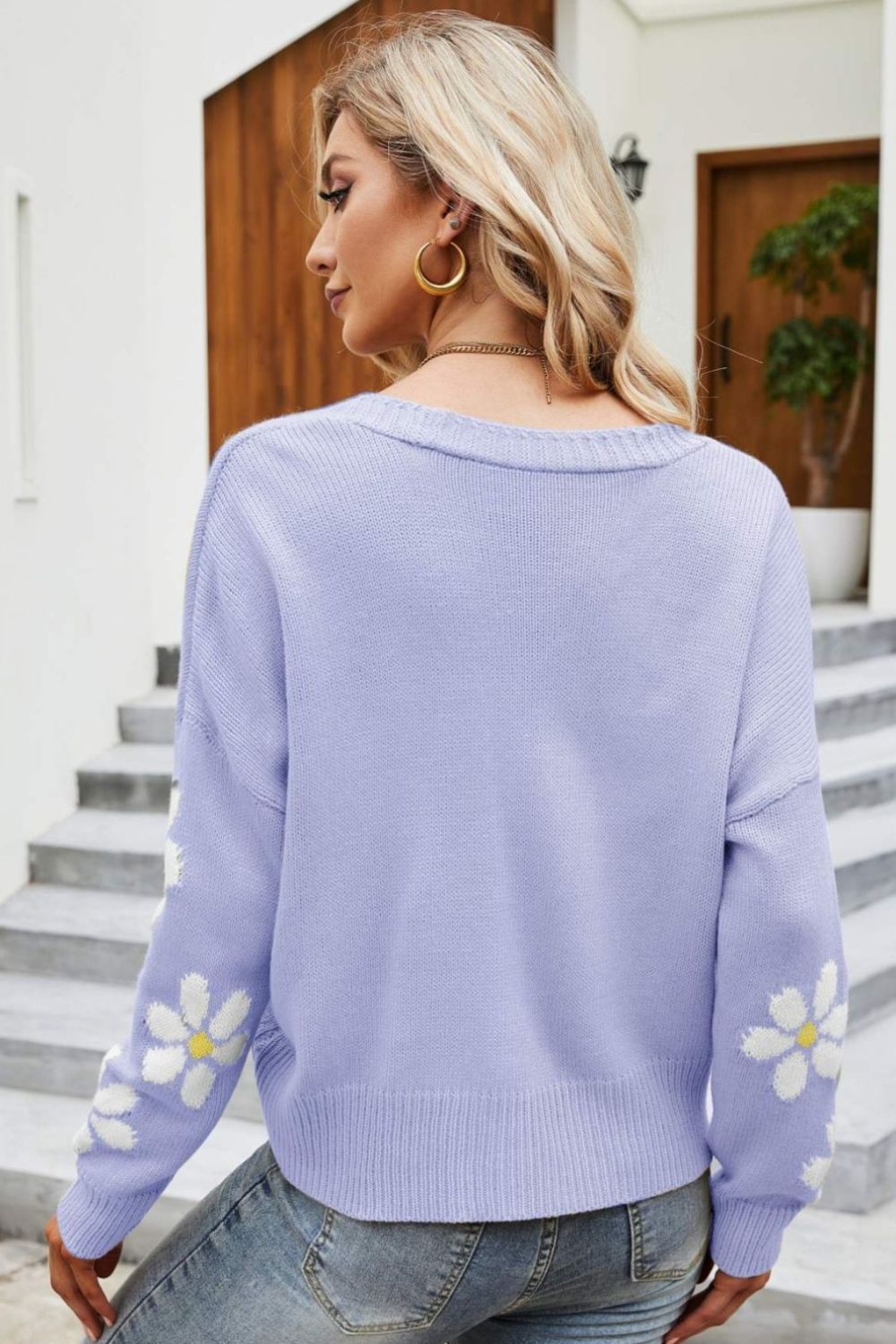 Floral Ribbed Trim Drop Shoulder Cardigan (12)