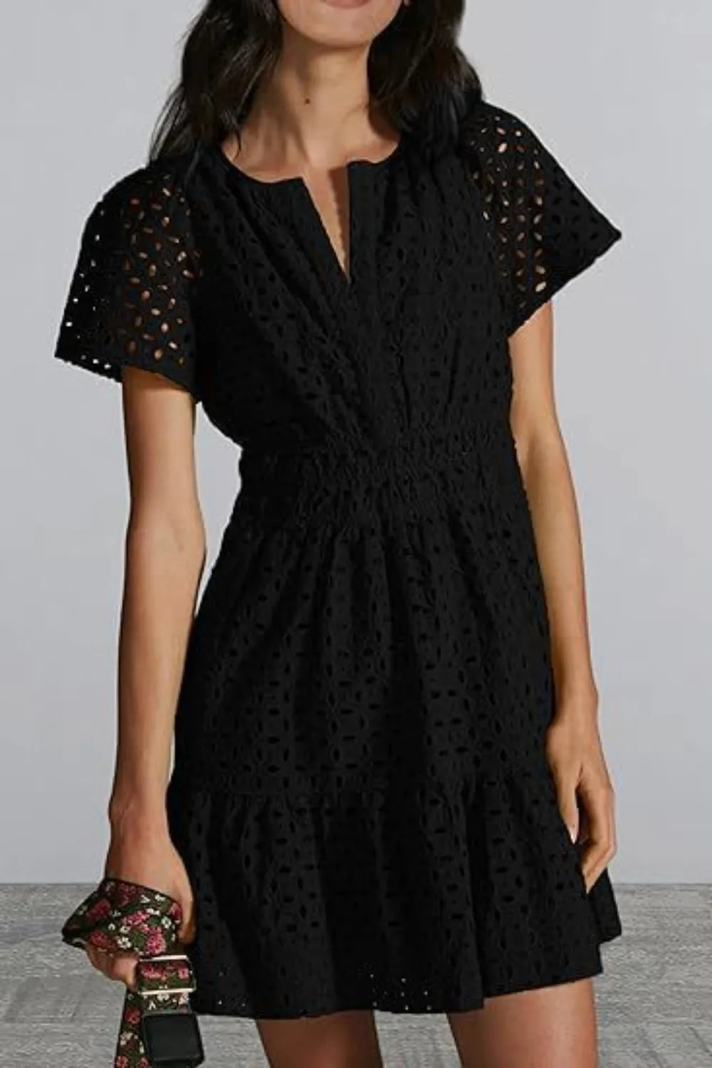 Eyelet Notched Short Sleeve Mini Dress (4)