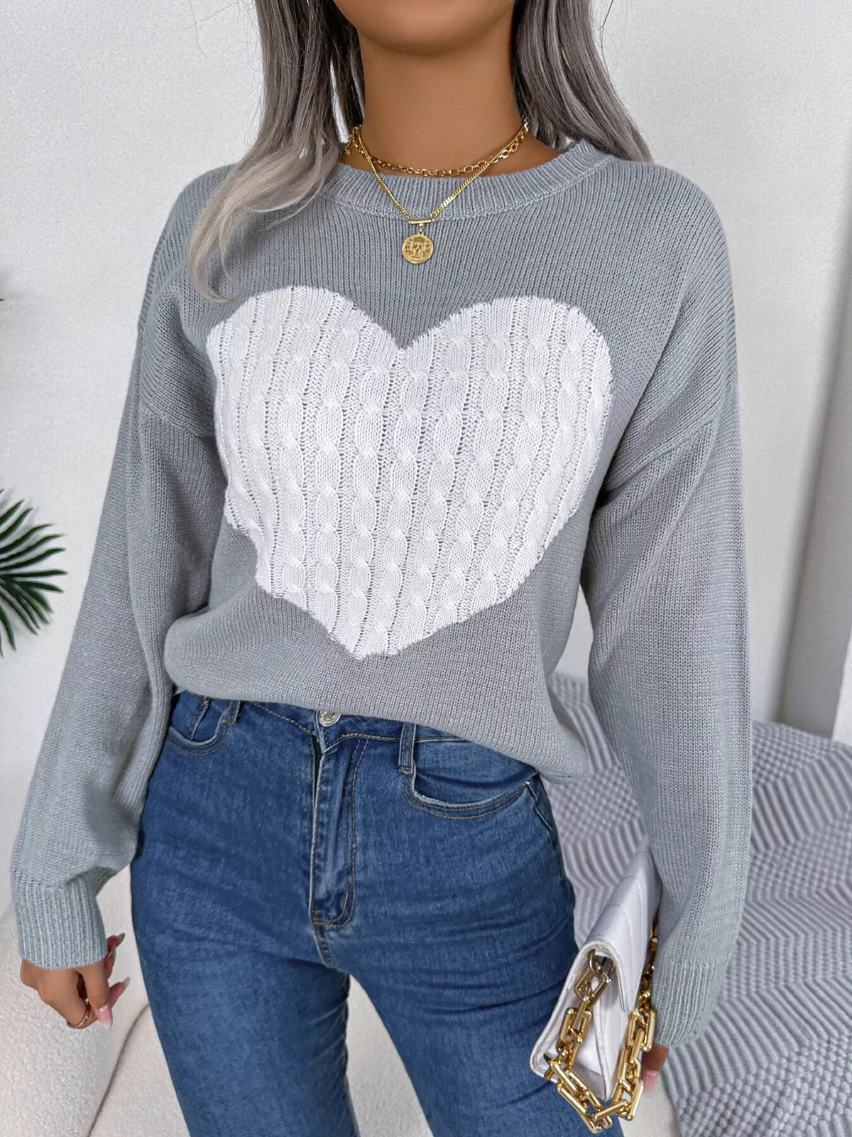 Cable Knit Heart Round Neck Sweater (2)