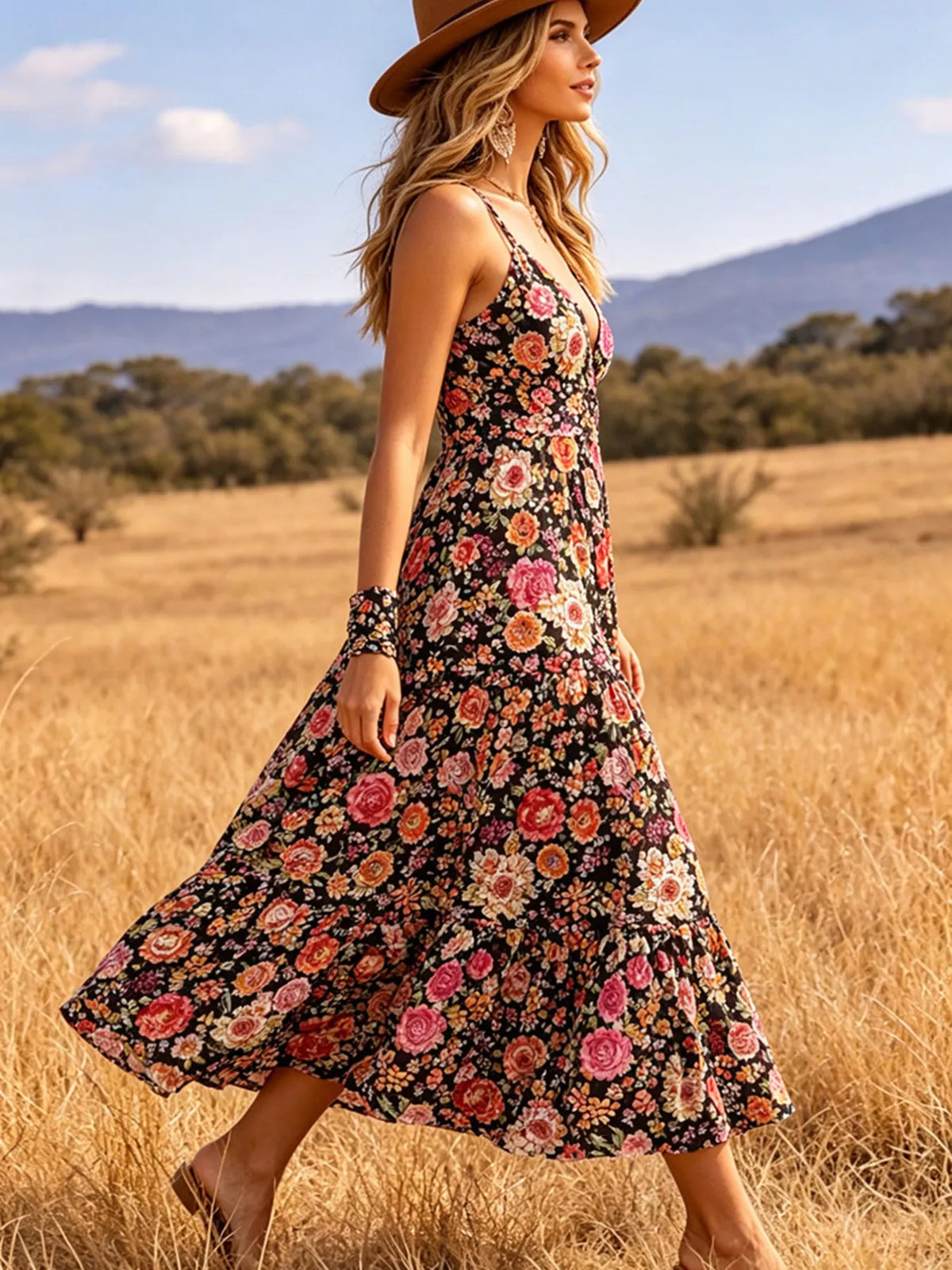 Floral Print V-neck Midi Dress (5)
