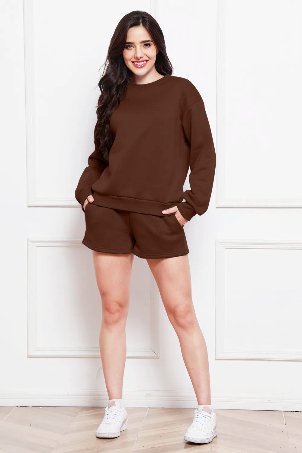 Round Neck Long Sleeve Sweatshirt Drawstring Shorts Set