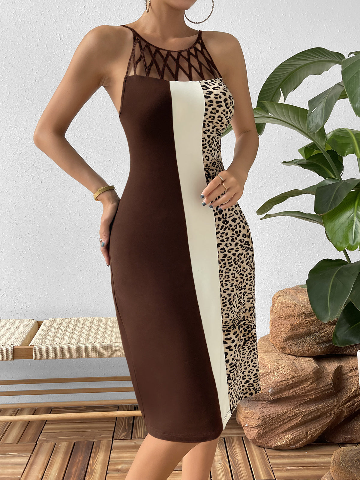 Leopard Block Cutout Sleeveless Knee-length Dress (7)