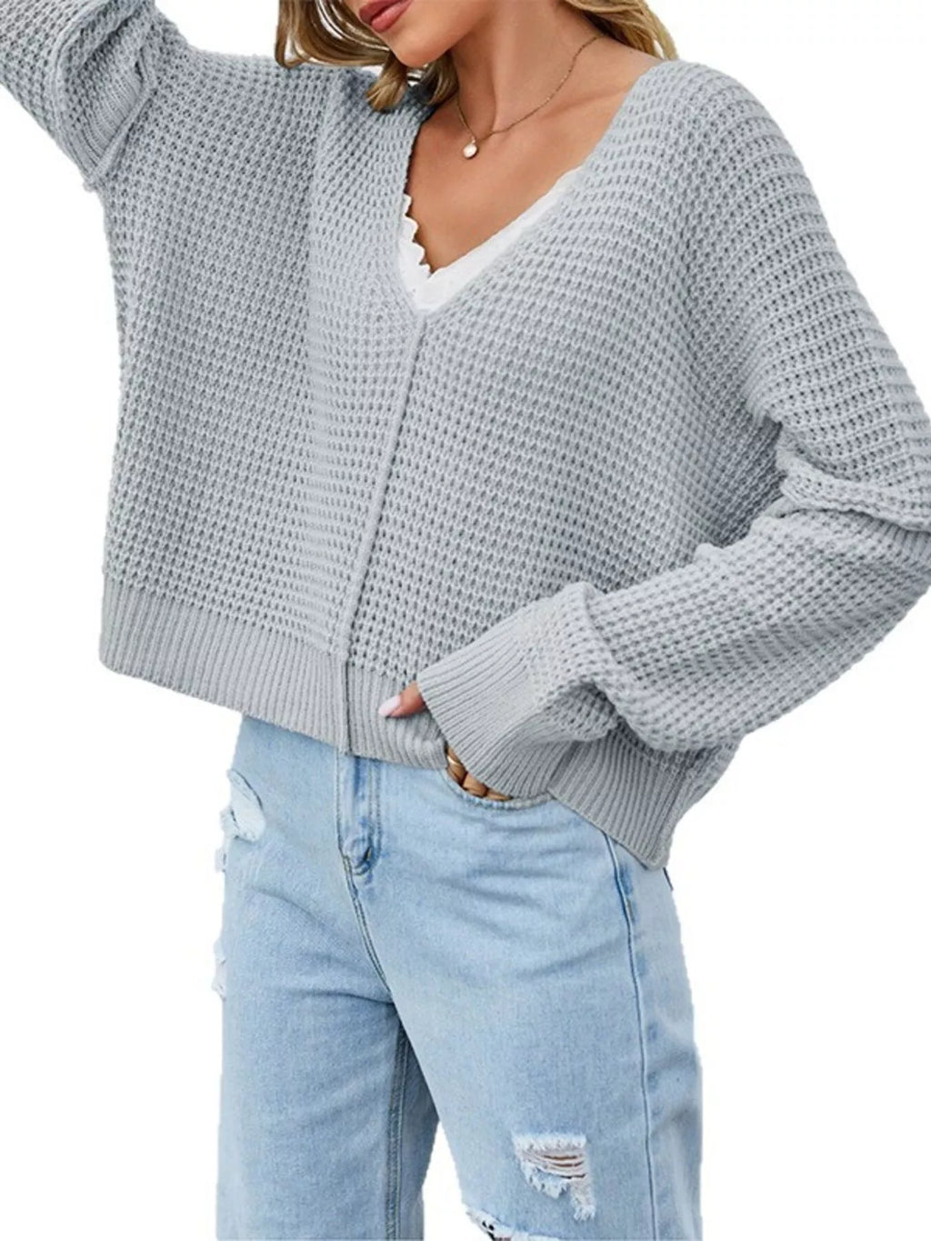 Waffle Knit Dropped Shoulder Sweater (3)