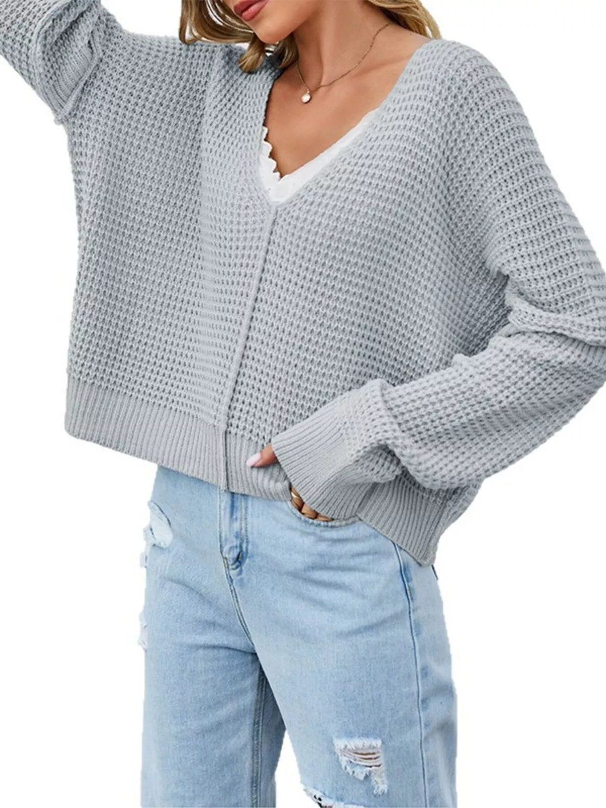 Waffle Knit Dropped Shoulder Sweater (3)
