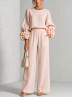 Full Size Floral Cuffs Top Wide Leg Pants Set Plus