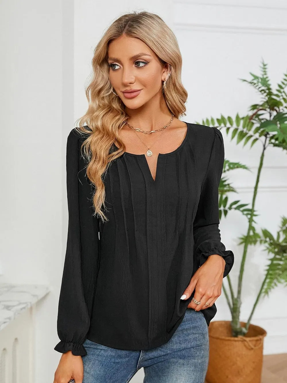 Notched Flounce Sleeve Blouse (3)
