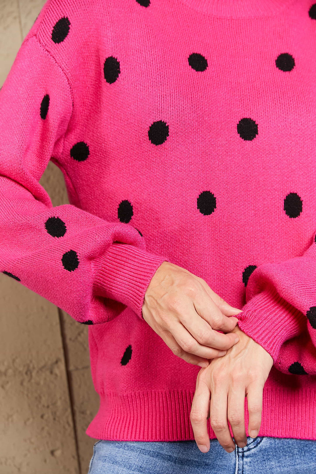 Woven Right Polka Dot Round Neck Dropped Shoulder Sweater (4)
