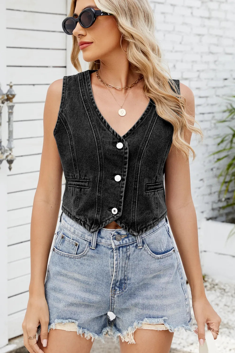 Button Down V-neck Denim Vest (5)