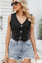 Button Down V-neck Denim Vest (5)