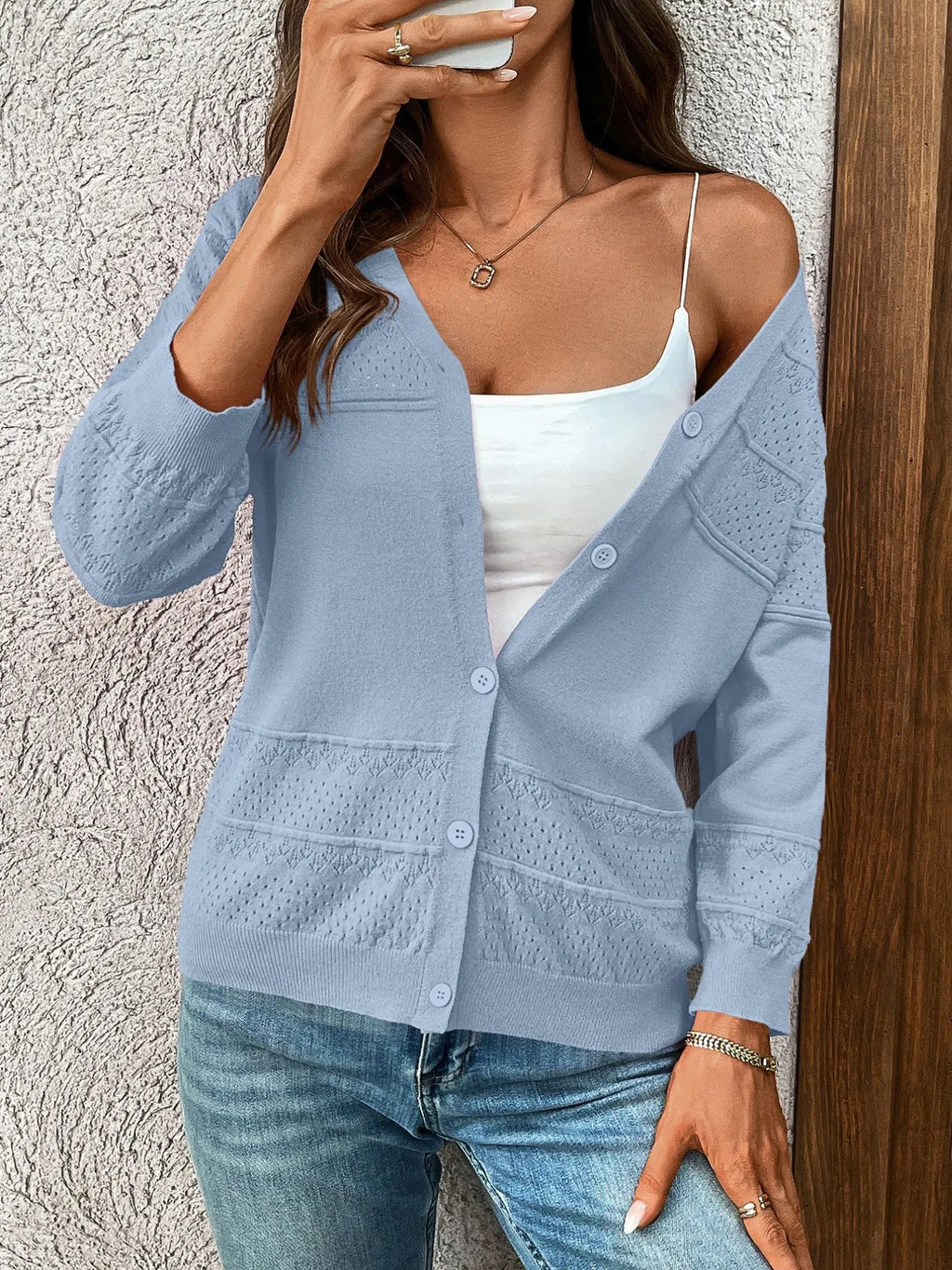 Textured Button-front Cardigan 3/4 Sleeves (15)