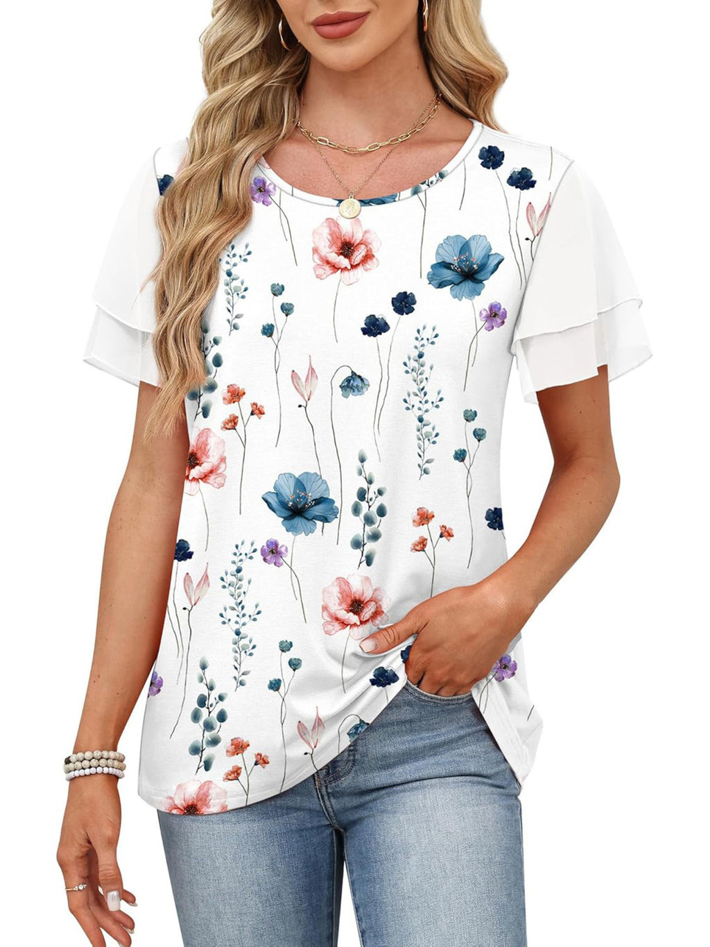 Layered Short Sleeve Round Neck T-shirt (33)