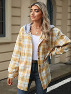 Drawstring Plaid Button Up Hooded Jacket (9)