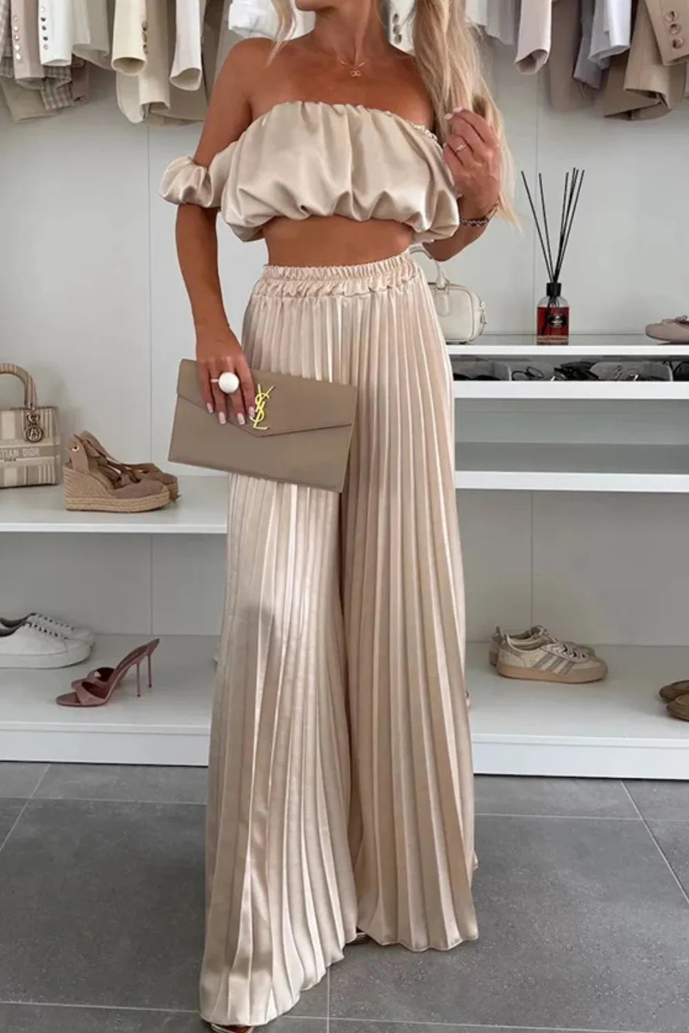 Off-shoulder Top Pleated Pants Set (2)