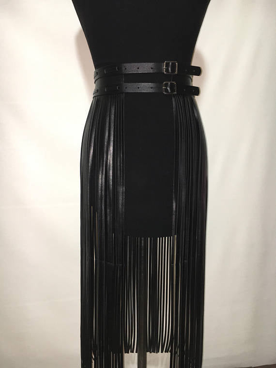 Striped Leather Fringe Belted Skirt photo 3