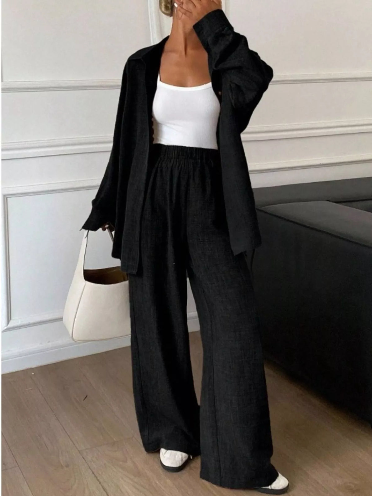 Button-down Shirt Wide-leg Pants Set (10)