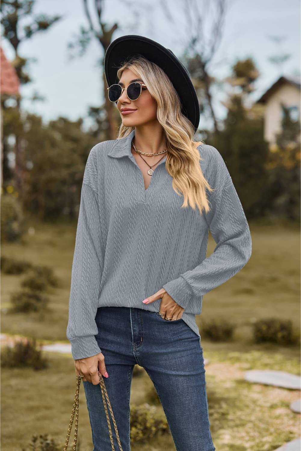Collared Neck Cable-knit Long Sleeve Blouse (17)