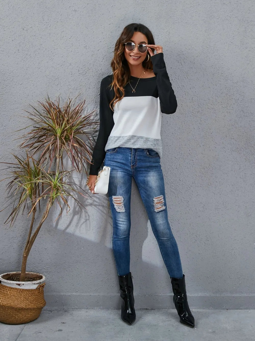 Block Round Neck Long Sleeve T-shirt (6)