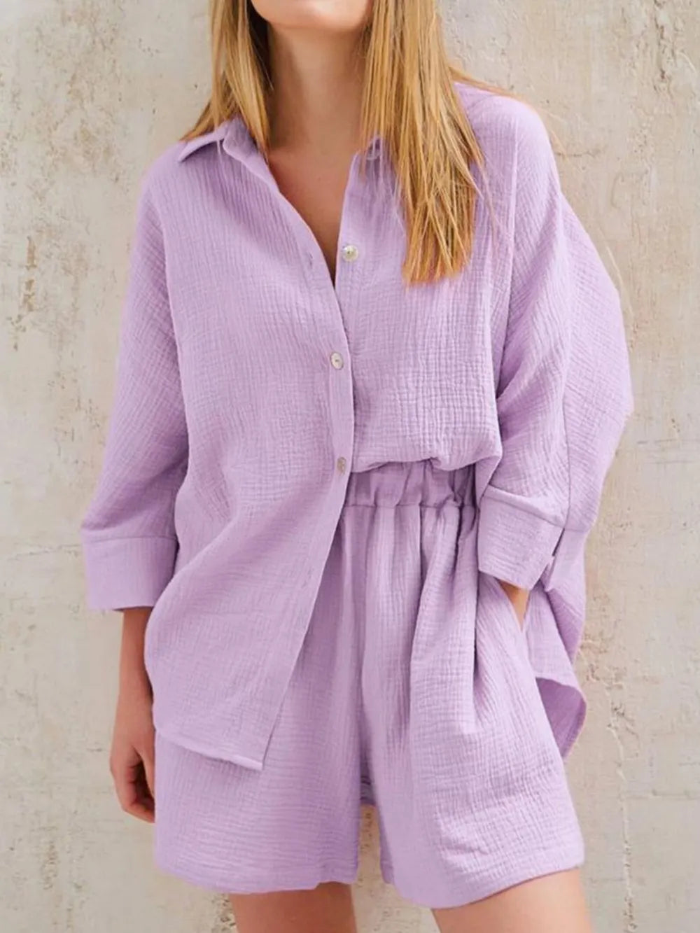Texture Button Up Shirt Shorts Set (4)