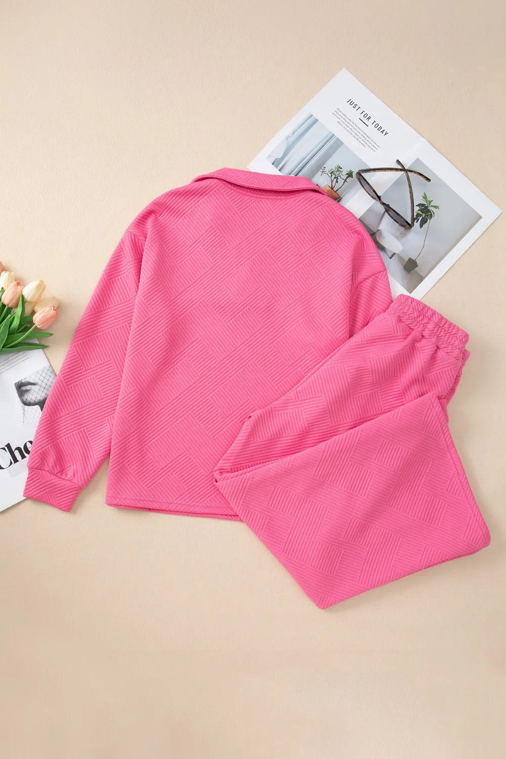 Textured Long Sleeve Top Drawstring Pants Set (8)