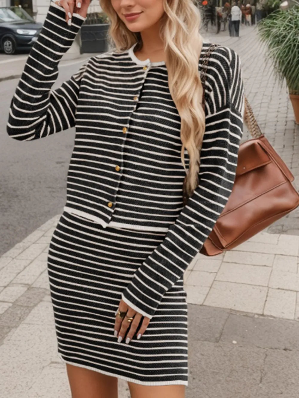 Striped Long Sleeve Top Skirt Set (6)