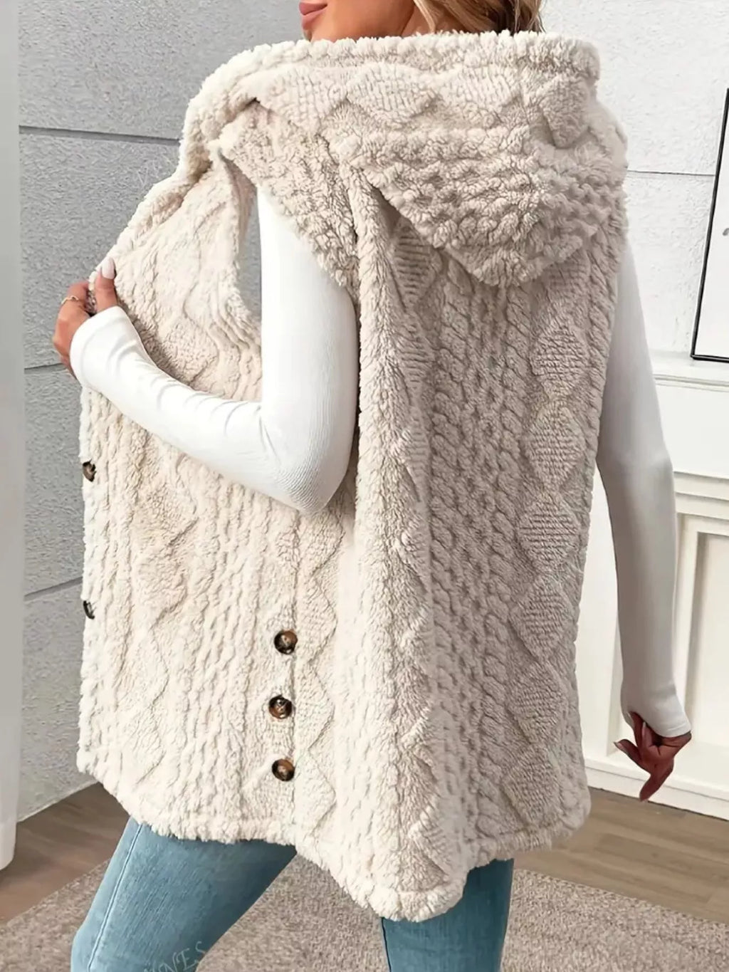 Button-down Sherpa Hooded Vest Coat (2)