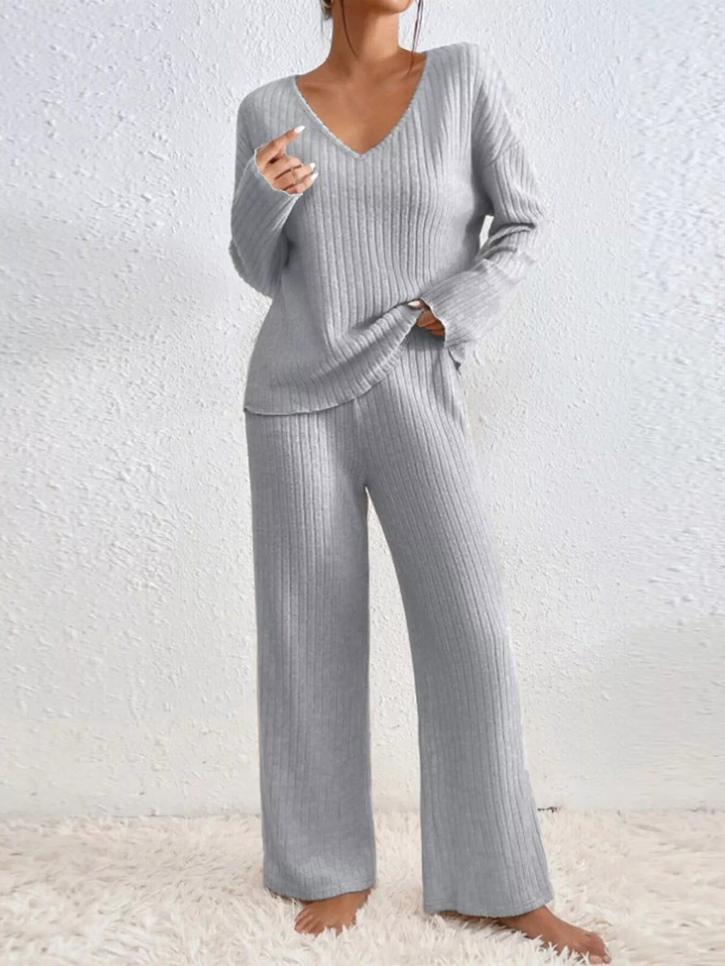 Ribbed V-neck Top Pants Set