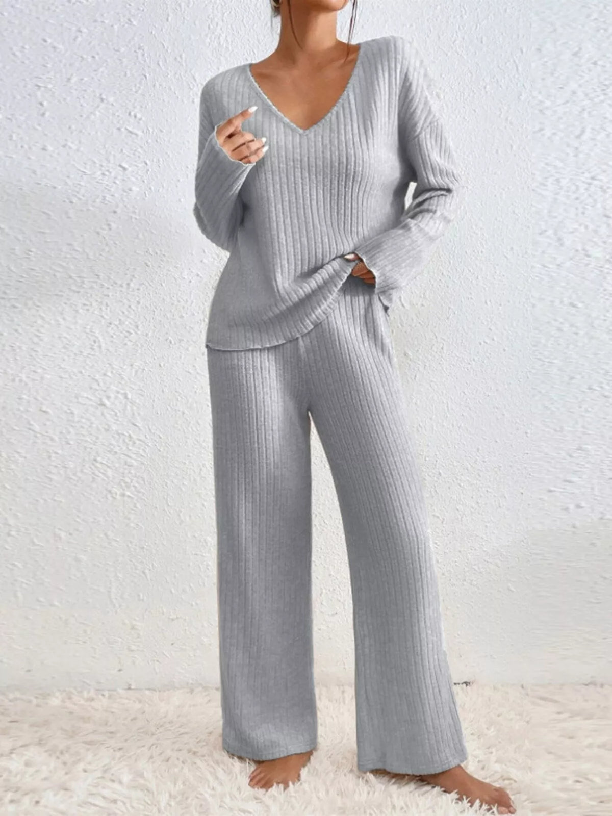 Ribbed V-neck Top Pants Set