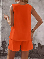 Decor Button Round Neck Tank Shorts Set (19)