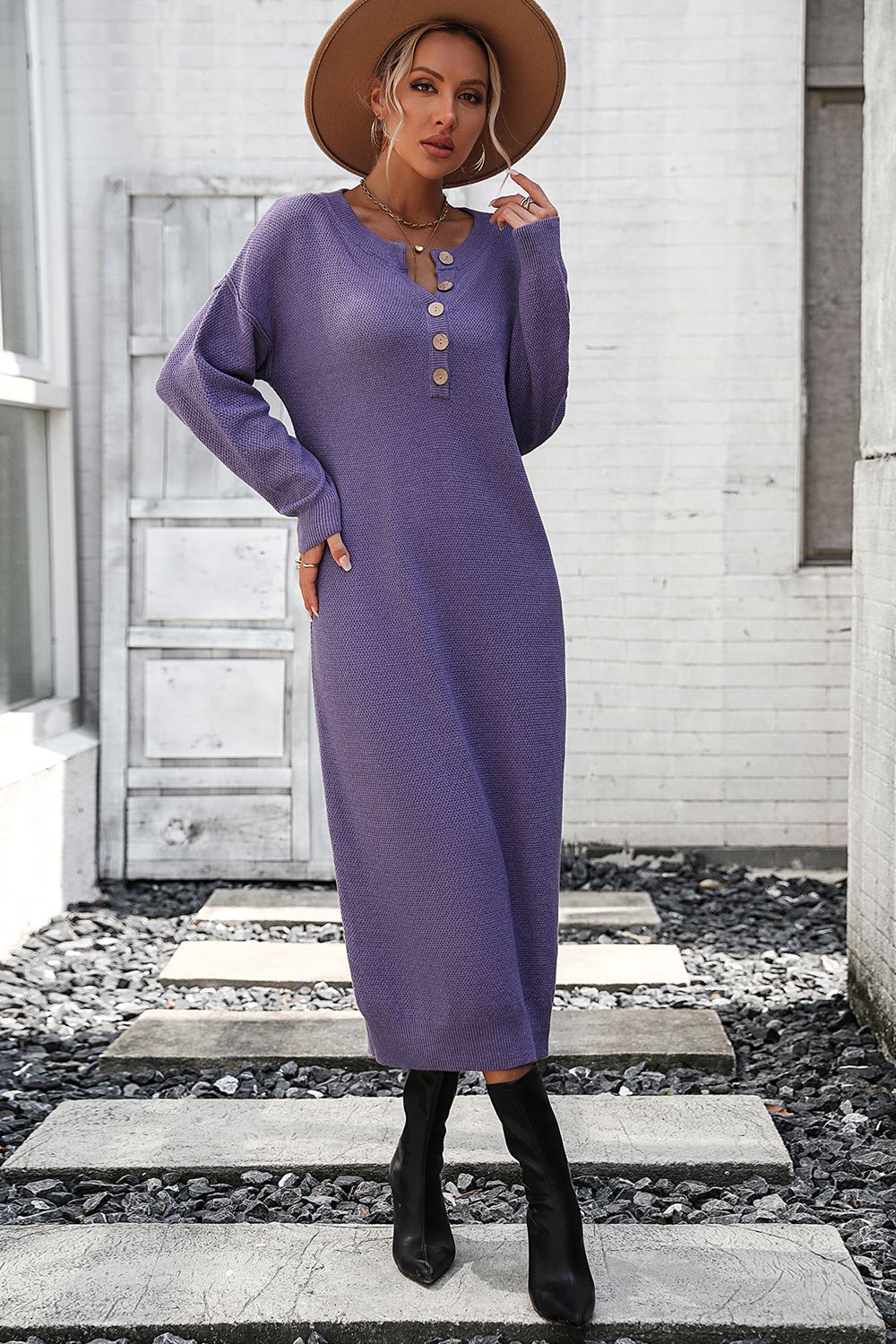 Notched Neck Dropped Shoulder Button-down Midi Dress